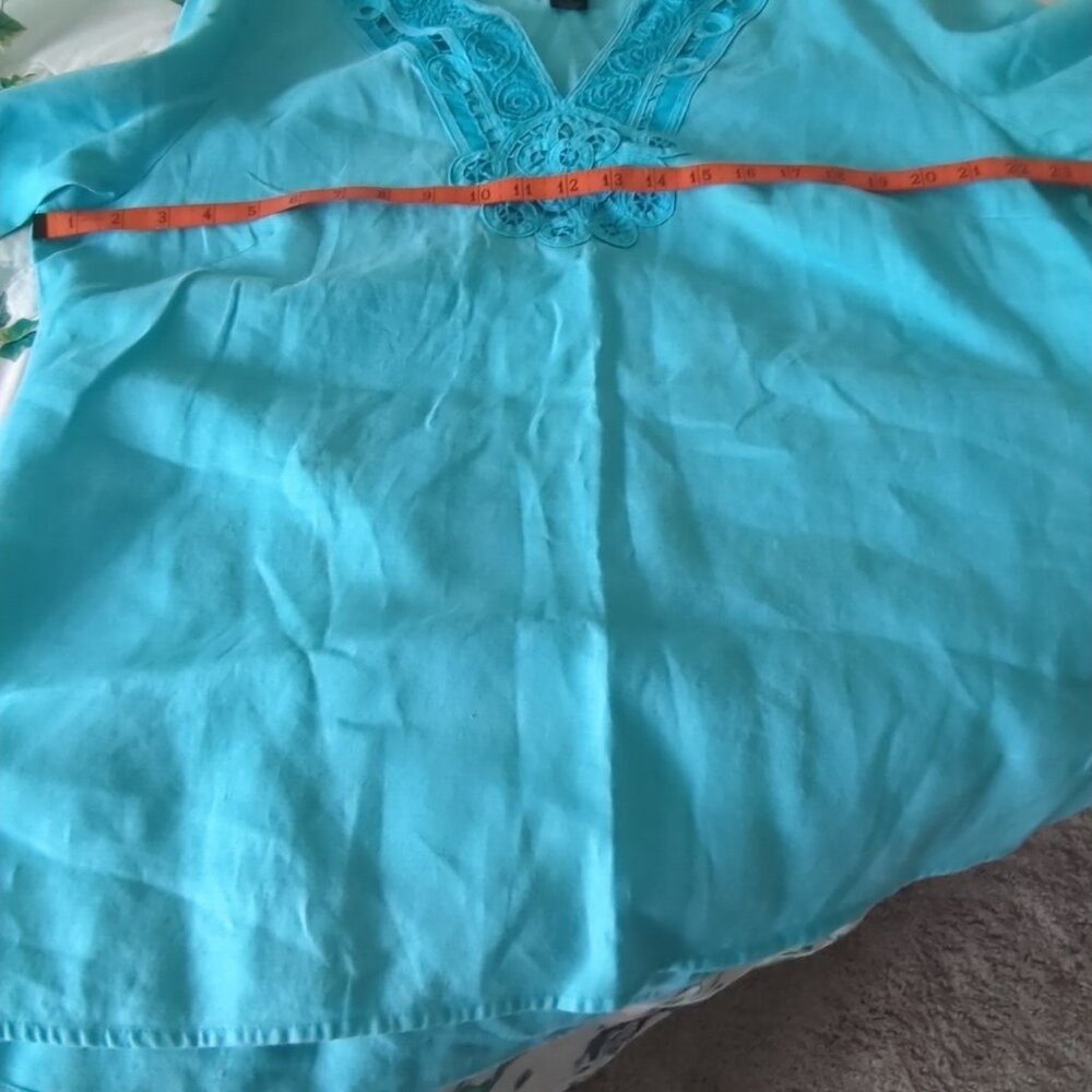 Silk Land Woman 100% Linen Top Tunic Turquoise Crochet Mesh Trim Size 1X-lp43 - Picture 6 of 11